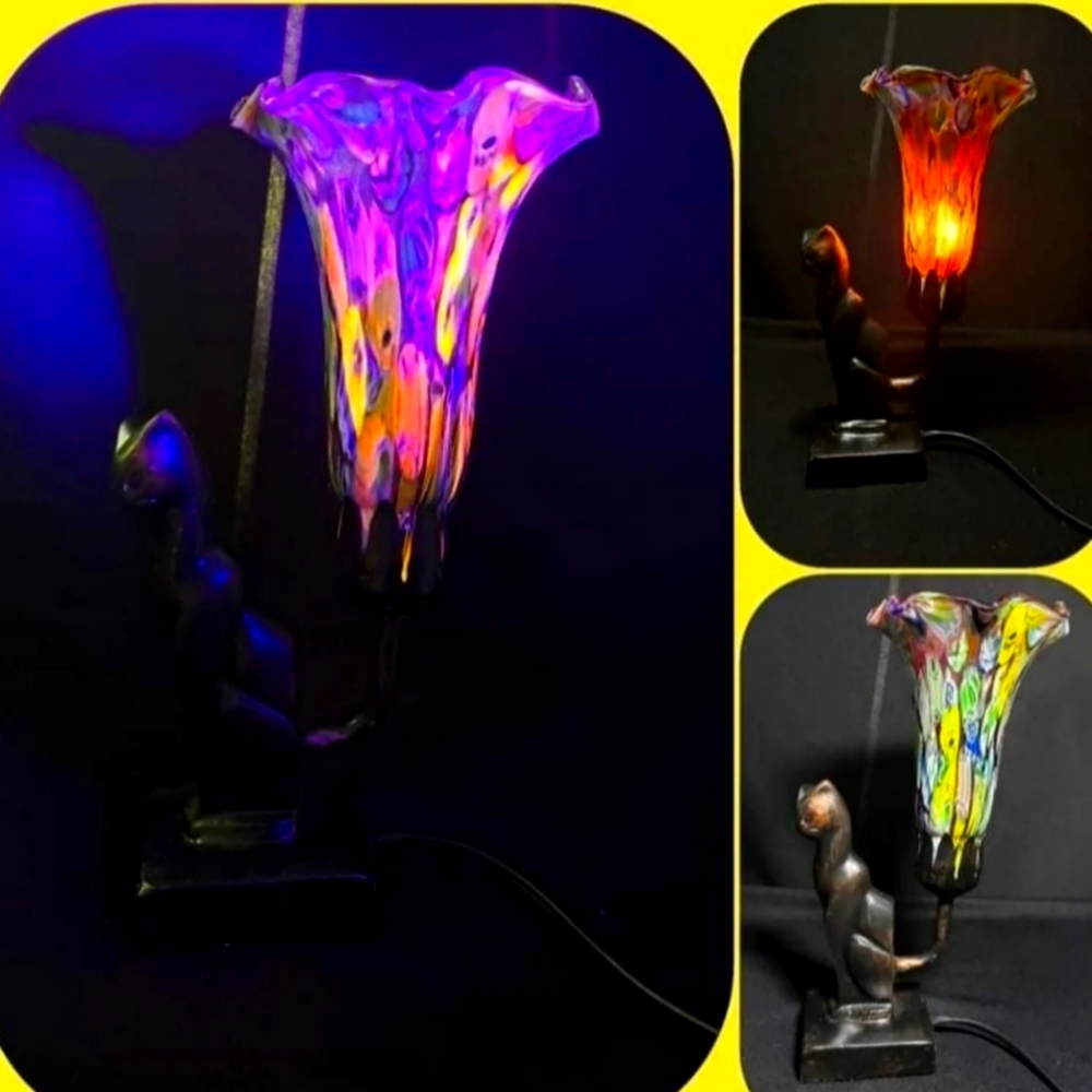 Vintage selimum cat lamp with glowing glass lamp shade